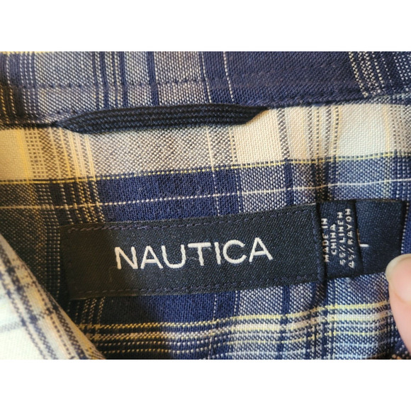 Nautica Linen Blend Button Up Shirt Mens Size‎ Large Short Sleeve Blue Plaid - Picture 2 of 3
